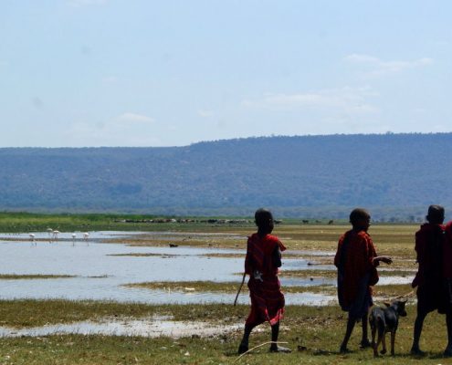 Maasai children escorting a small goat in the Lake Natron area