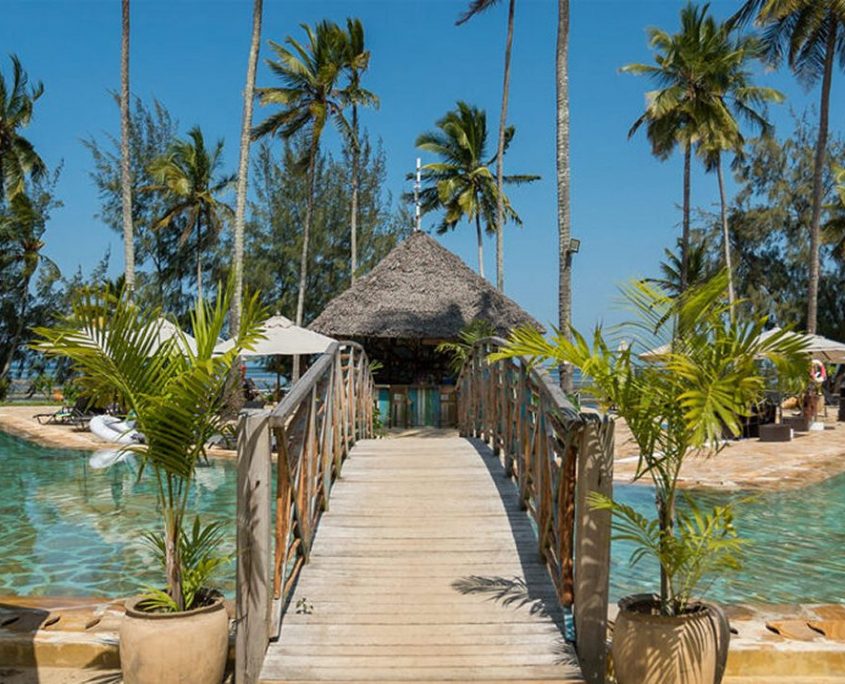 A small bridge over the swimming pool in the Zanzibar Bay Resort