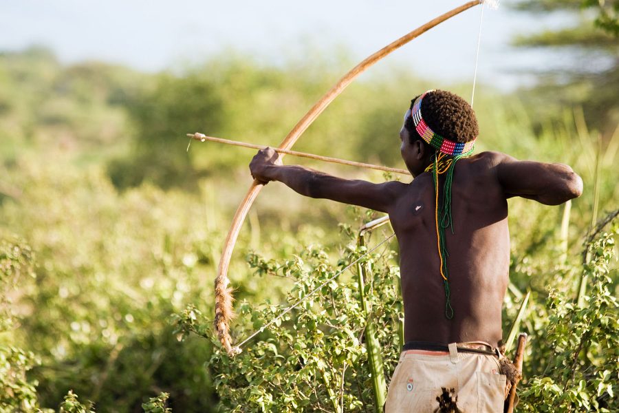 LAKE EYASI, TANZANIA - FEBRUARY 18: An unidentified Hadzabe bushman with bow and arrow during hunting on February 18, 2013 in Tanzania. Hadzabe tribe threatened by extinction.