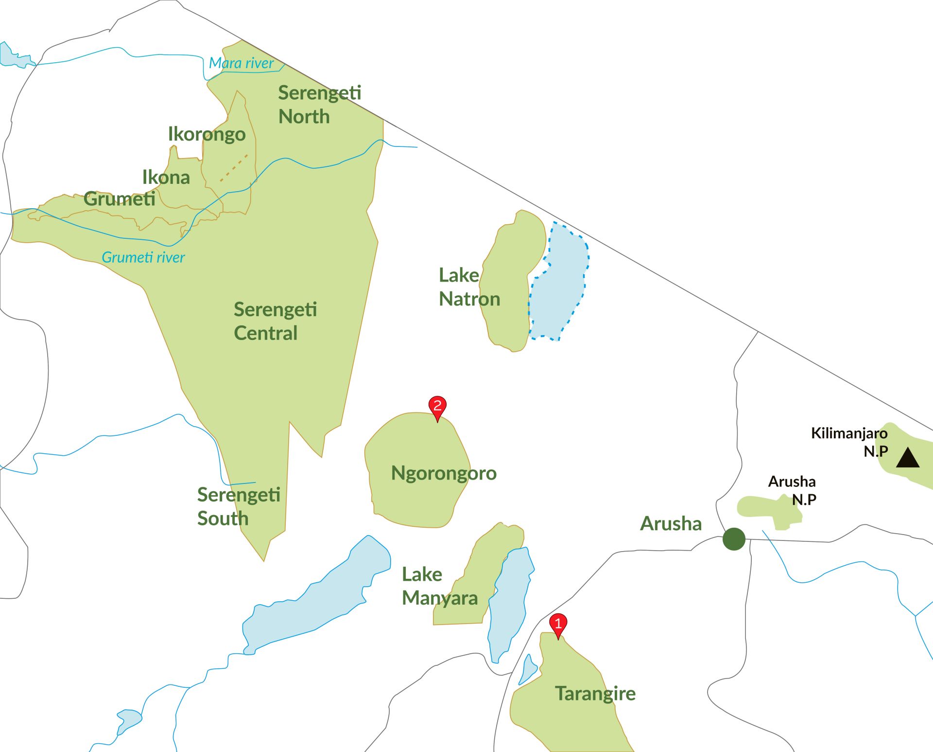 2 Days Safari Tarangire and Ngorongoro Map