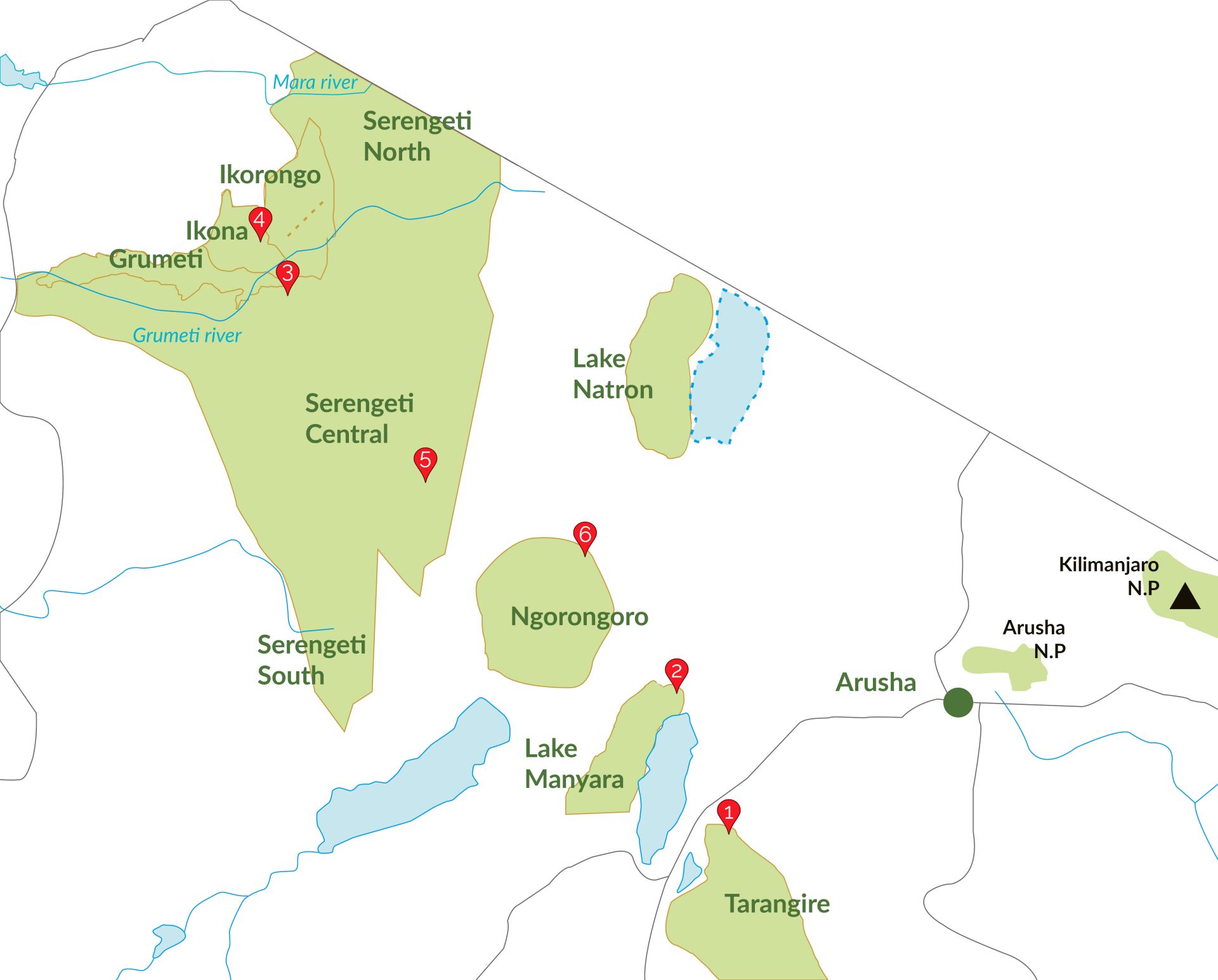 6 Days Safari in Northern Tanzania Map