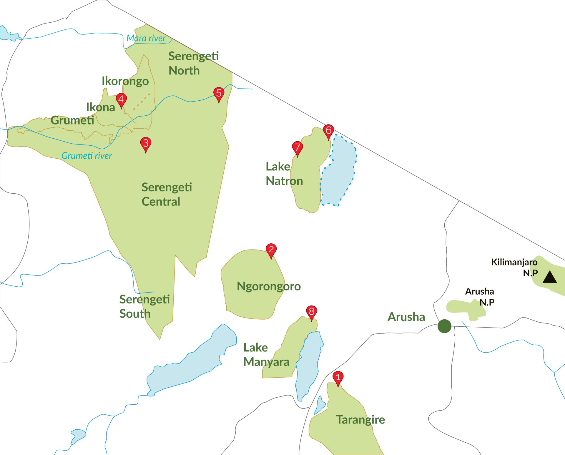 8 Days Safari in Tanzania map