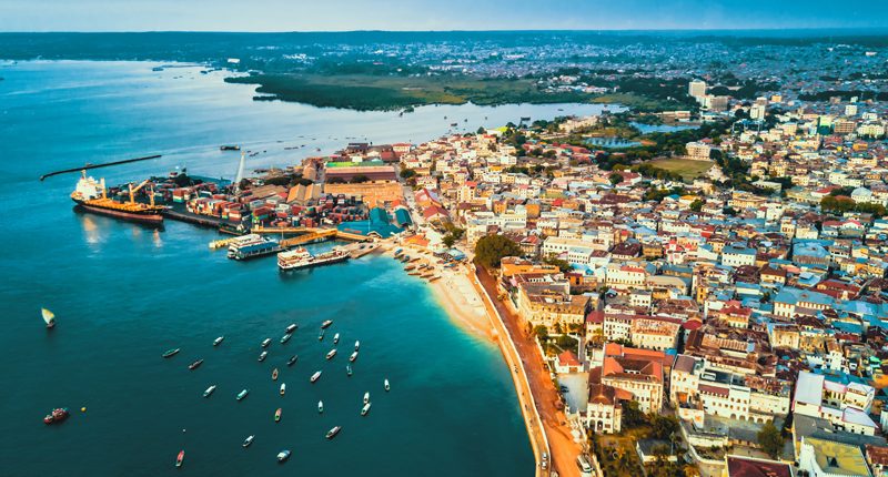 Drone shot of Zanzibar main port and Stone Town
